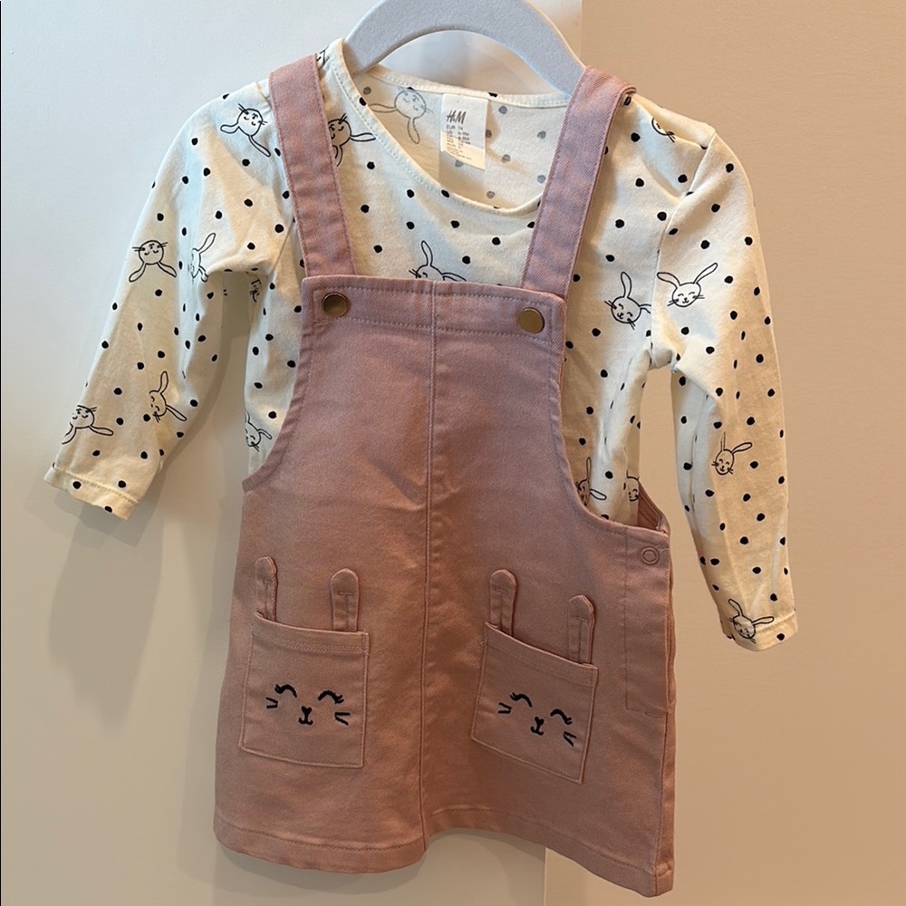 2/$15 H&M Pink Overall Dress with Bunny Print Shirt